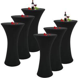 MTREO 6 Pack Cocktail Stretch Round Tablecloth Black, 24''x43'' Cocktail Table Cover Fitted High Top Round Elastic Table Cloth for Wedding Banquets Birthday Outdoor Party Bar Use