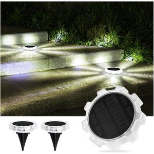 Solar Ground Lights Outdoor Waterproof, 4 Modes LED Round Lights (2 Pack) - for Garden Pathway, Yard, Deck, Wall - Warm White