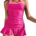 ZAFUL 2025 Tankini Swimsuits for Women Tummy Control Color Block Swim Dress Retro Two Piece Bathing Suits (Small, Pink)