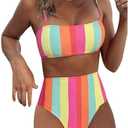 SOLY HUX Women's Bathing Suits Striped Spaghetti Strap High Waisted Bikini Sets Two Piece Swimsuit L