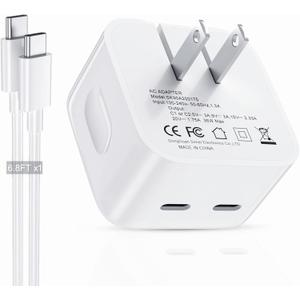 35W Dual USB C Port Compact Power Adapter, Compatible with iPhone 16/15/14, MacBook Air, iPad, Air Pods, Foldable Type C Wall Charger Plug, Includes 6.8Ft C to C Cable
