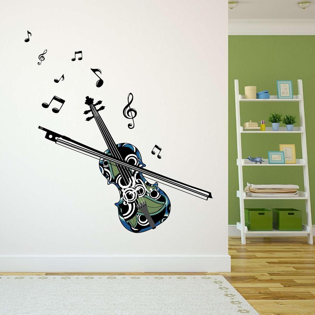 Design With Vinyl Music Wall Decal Violin with Musical Notes on White Background Removable - Size: 27 in x 30 in
