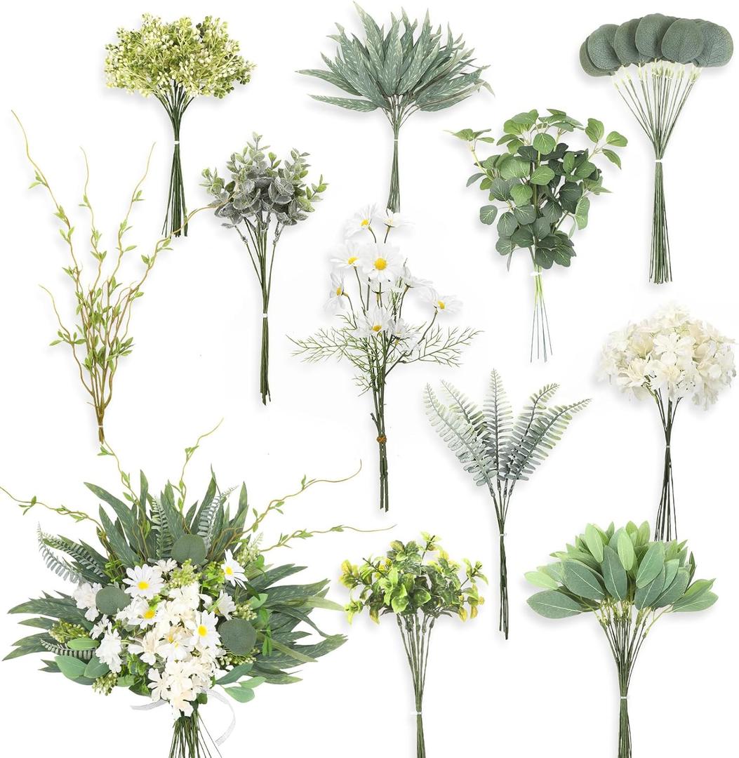 Cindeer 125 Pcs Artificial Greenery Stems Box Set with 11 Kinds of Faux Greenery Stems and Fake Eucalyptus Cherry Blossoms for DIY Bridal Bouquets Arrangement Wedding Home Decor