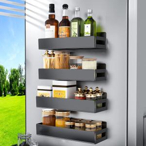 Magnetic Spice Rack Organizer For Refrigerator, Magnetic Shelf For Refrigerator And Microwave Oven, Metal Kitchen Organizer For Space Saver (4 Pack Black)