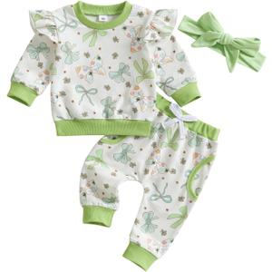 Toddler Baby Girl St Patricks Day Clothes Bow Clover Print Crewneck Sweatshirt Tops Sweatpants Set 2 Piece Outfit (Green)