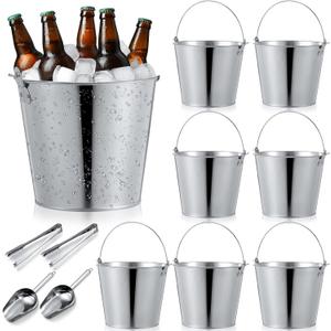 Mumufy 12 Pcs 10l Large Metal Beer Bucket 10.6 x 10.2 x 7.5'' with Ice Shovels and Tongs Galvanized Metal Ice Bucket Tin with Handle for Summer Pool Wedding Party Supplies Wine Champagne Bar