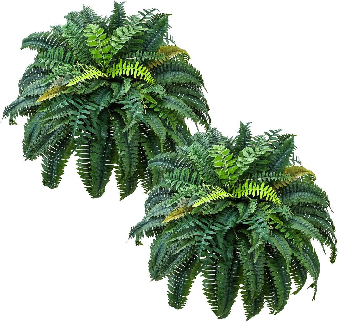 Giegxin 2 Pack 49''/95 Leaves Artificial Ferns for Outdoors, Large Fake Boston Ferns Bush, Realistic UV Resistant Faux Silk Plants for Porch Patio Hanging Garden Balcony Office Living Room Decor