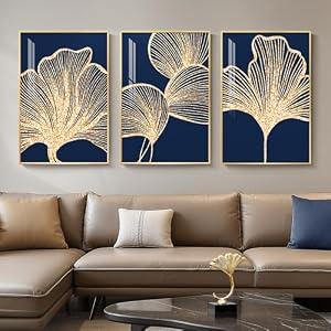 Framed Modern Luxury Wall Art for Living Room, Large Navy Blue and Gold Ginkgo Leaf Artwork for Walls, 3 Piece Contemporary Bright Style Floral Prints for Bedroom Office Hallway Wall Decor, 24x36 Inch