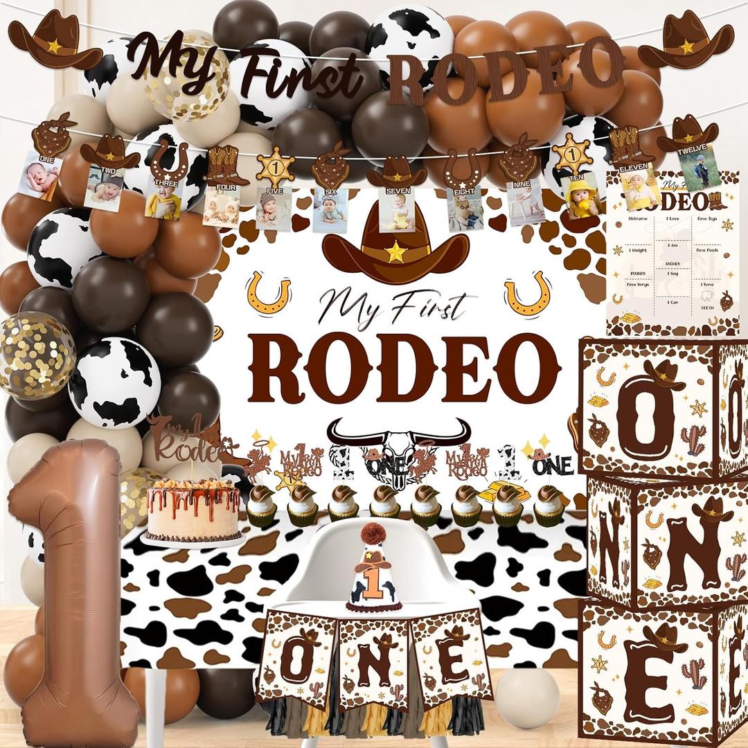 My First Rodeo Decorations Boy, Western Cowboy 1st Birthday Party Decorations, Western Balloon Arch Kit Cowboy Party Supplies Backdrop Photo Banner Tablecloth for 1st Rodeo Birthday Party Decor Boy