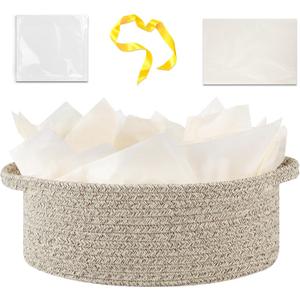 OIAHOMY Gift Basket with Handle, Small Woven Basket with Gift BagRibbon and Wrap Tissue PaperNursery Bins Empty to Fill with Small Items, BabyPet Toy Organizer - Brown (12"x 8"x 5")