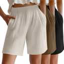 Riyiper 3 Pack Women's Linen Shorts Elastic High Waist Bermuda Wide Leg Summer Casual Lounge Short with Pockets(Linen, Khaki, Black, X-Large)