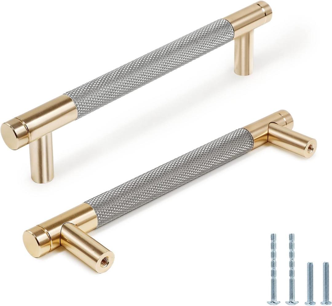 Zernmiarder Knurled Cabinet Pulls 6 Pack, 6 Inch Long Cabinet Handles Metal Door Pulls, Kitchen Drawer Pull Knurled Dresser Handles - 5" Hole to Hole, Grey & Gold