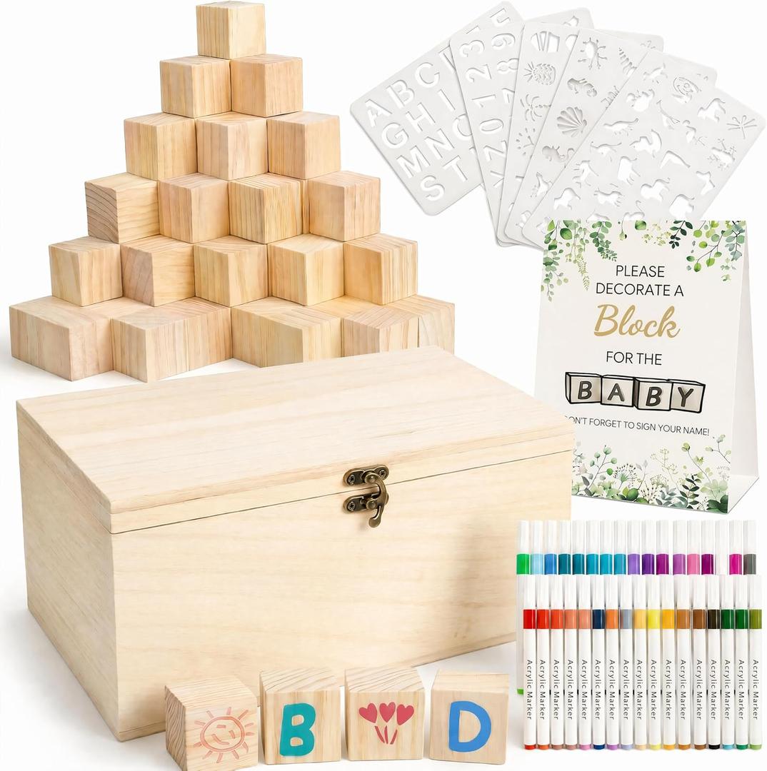 103 Pcs Baby Shower Games Sign Kit, Wooden Blocks to Decorate | 60 Smooth 1.5 inch Pine Blocks,36 Markers,5 Templates, Baby Shower Sign and Wooden Storage Box for Guest Activities