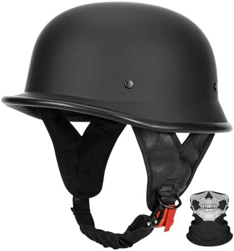 QUICKOOL DOT Certified German Style Motorcycle Half Helmet, Vintage ABS Lightweight Helmet for Adults, Retro Half Face Helmet for Cruiser Scooter Chopper (Matte Black, M)
