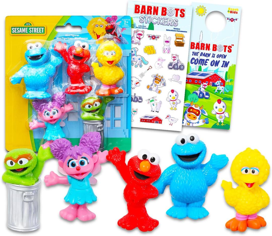 Sesame Street Mini Figures 5 Pack - Toy Bundle with 5 Cupcake Topper Figurines Including Elmo, Big Bird, Cookie Monster, More Plus Stickers | Sesame Street Party Supplies for Kids