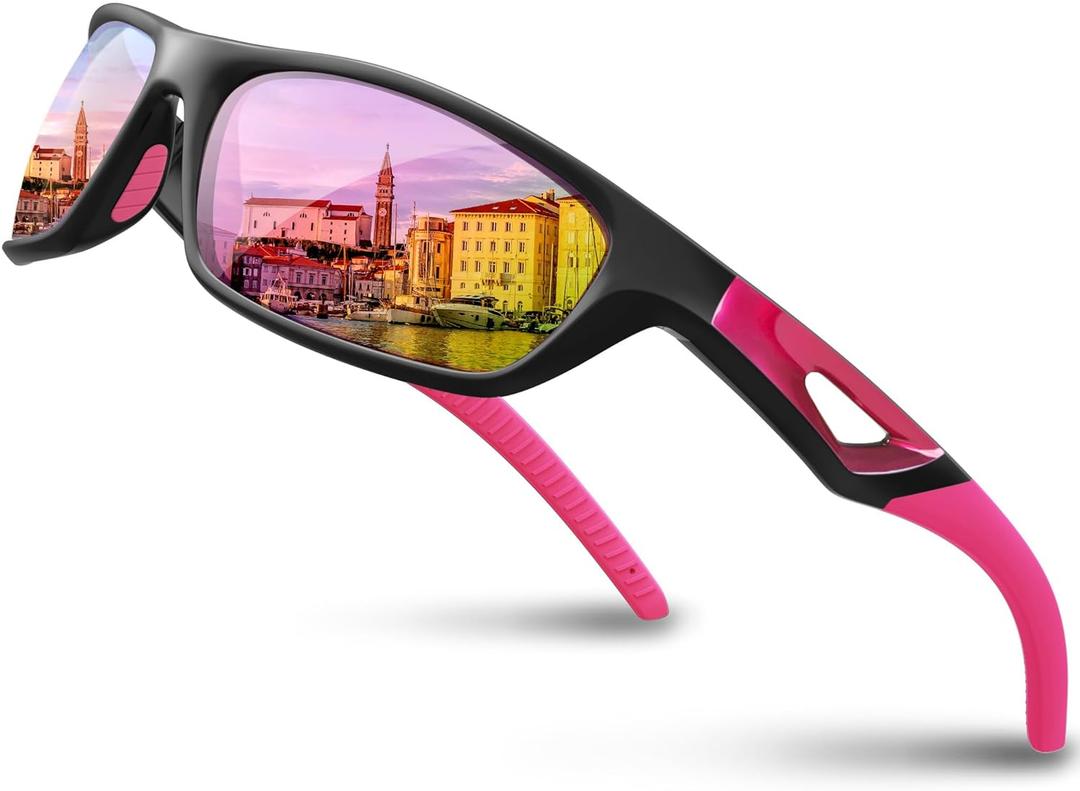 RIVBOS Polarized Sports Sunglasses Driving Sun Glasses Shades for Men Women Tr90 Frame for Cycling Fishing Running RB831 (Black Frame/Pink Lens)