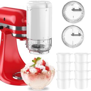 Shaved Ice Attachment for KitchenAid Stand Mixers with 8 Ice Molds, Ice Shaver Attachment, Snow Cone Attachment/Maker with Coarse and Fine Blades (White)