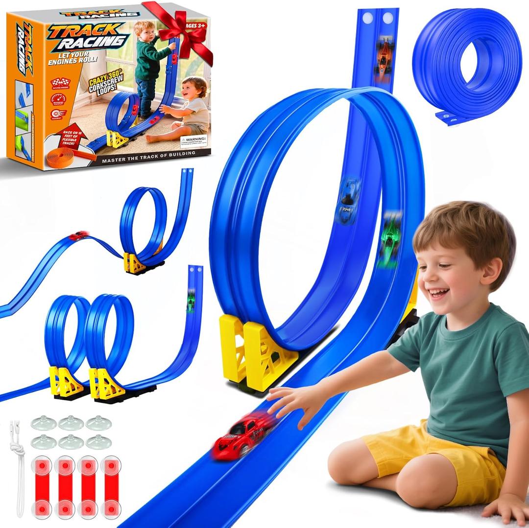Nicmore Flexible Race Track Toy Set: 15ft DIY Bendable Ramp with Suction Cups  Portable Roll-Up Car Track for Kids Compatible with 1:64 Diecast Cars  Birthday Christmas for Boys Girls Ages 3+