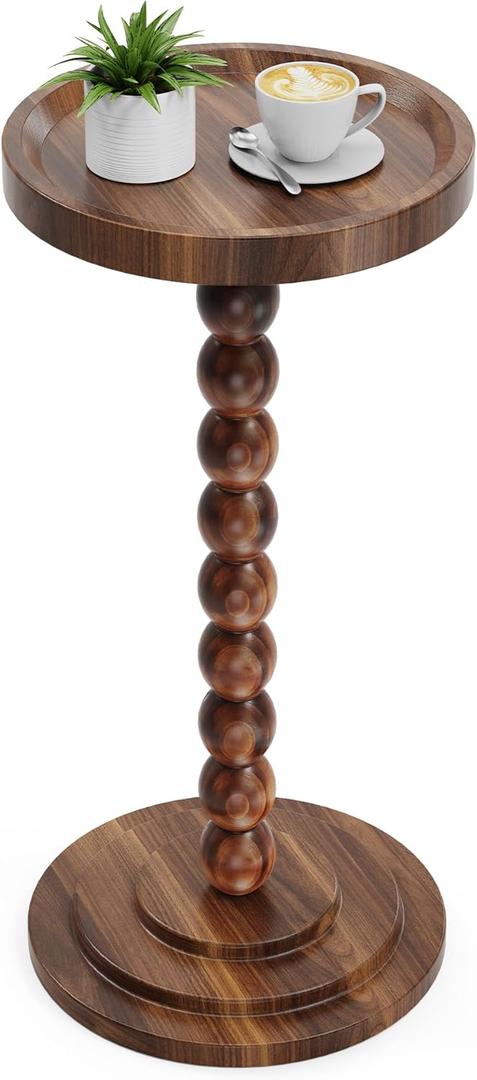 Round Wooden Side Table & Drink Table | Sturdy & Functional Mid-Century Design with Solid Wood Pillar for Living Room, Bedroom, Office & More (Walnut)