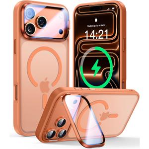 [Upgraded Full Camera Protection] for iPhone 17 Pro Case with Camera Cover Stand [Fit for MagSafe][10FT Mil-Grade Protection] Translucent Magnetic iPhone 17 Pro Phone Case, Orange