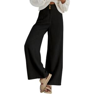 Sidefeel Corduroy Pants for Women 2024 Casual High Waisted Double Buttoned Stretchy Loose Fit Wide Leg Pants with Pockets (Large, Black)