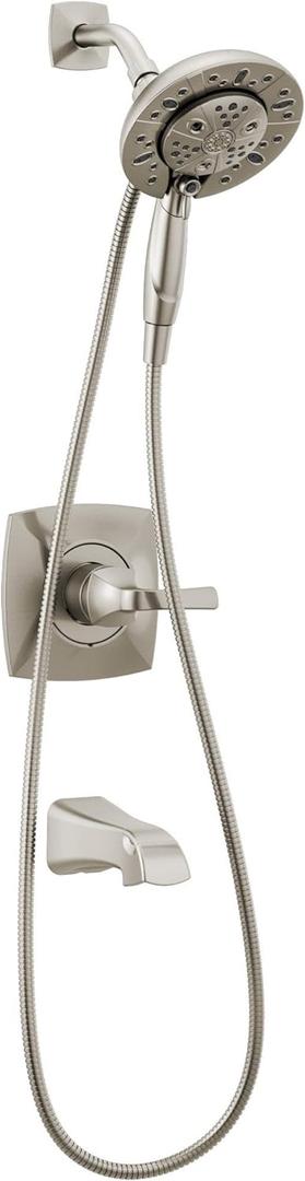Delta Vesna 14 Series Brushed Nickel Bathtub Shower Faucet Set with In2ition 2-in-1 Dual Shower Head with Handheld Spray Combo, Valve Trim Kit, SpotShield Brushed Nickel 144789-SP-I (Valve Included)