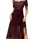 BeryLove Homecoming Formal Sequin Off Shoulder Dresses Cocktail Wedding Guest Long Evening Lace Chiffon Ruffle Dress 7085 Burgundy, Size XL