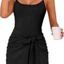 Caracilia Womens Summer Mini Dresses,Spaghetti Strap Tie Waist Bodycon Dress,Built in Shorts,Casual Romper for Beach Vacation, Black, Large