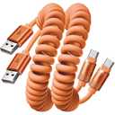 LISEN Coiled USB C Cable, 2 Pack for Android Auto & CarPlay Cable, Short Orange USB C Cable Compatible with iPhone 17 Pro Max Orange/16/15, Samsung Galaxy S25/S24/S23 A15/A14