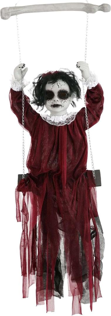 Fun Costumes Scary Hanging Swing Girl Halloween Decoration Light-Up with Motion Activation, Creepy Red Dress Indoor & Outdoor Horror