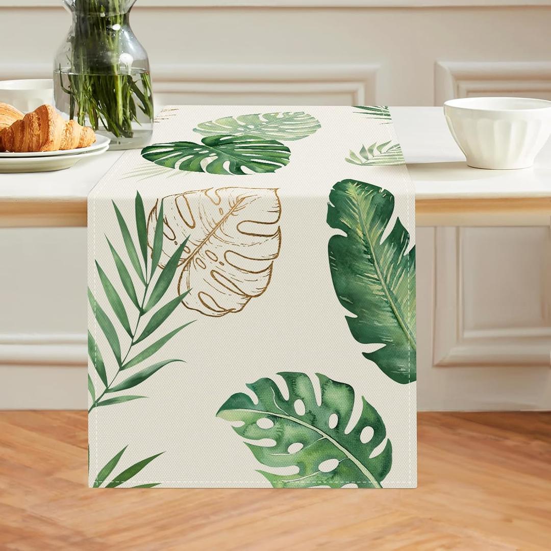 Bonhause Tropical Palm Leaves Monstera Table Runner 13x72 Inch Summer Green Plant Kitchen Dinning Table Decoration for Indoor Outdoor Home Party Decor