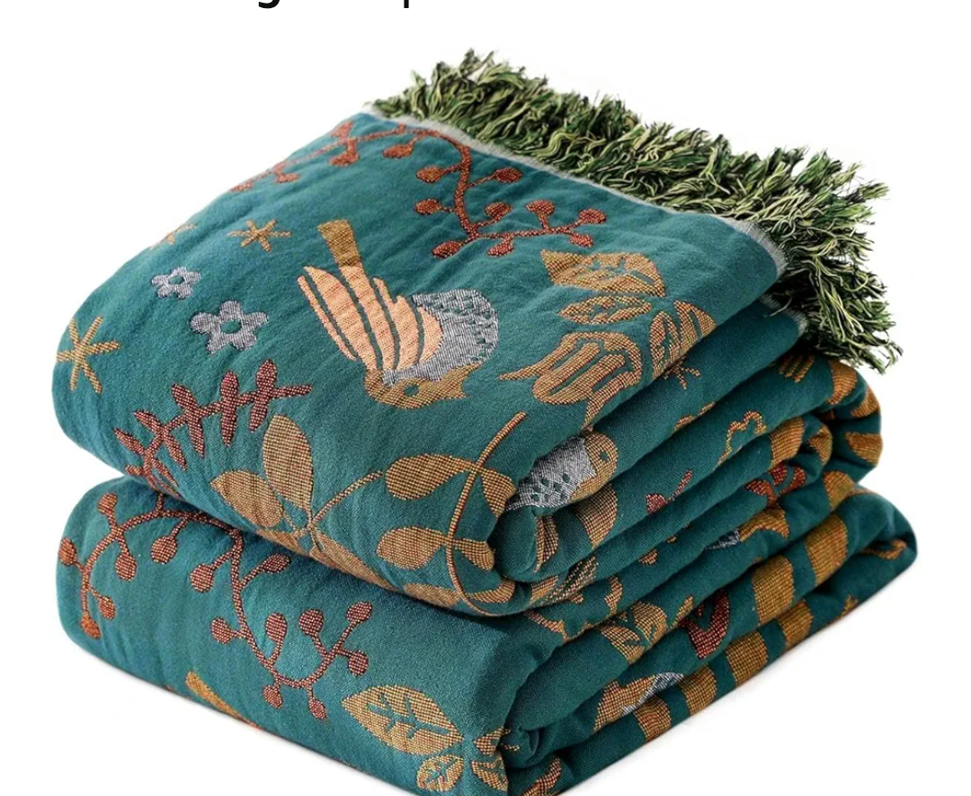 Boho Throw Blanket for Bed 100% Cotton Soft Quilt Lightweight Blanket Bird Floral Embroidery Farmhouse Room Decor Twin Bed Blankets,60"×80" All Season Breathable Throw for Sofa&Couch Chair