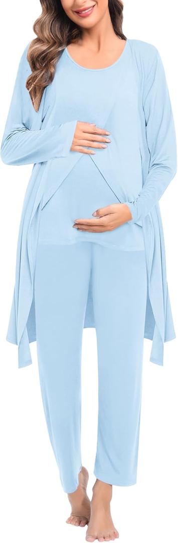 SWOMOG Maternity Nursing Robe Set 3 PCS Postpartum Breastfeeding Pajamas Hospital Pregnancy Pjs Double Layer Lounge Set (Medium, Baby Blue)