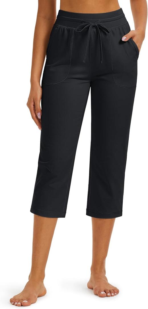 MAGCOMSEN Cotton Capri Pants for Women Yoga Capris with Pockets High Waist Straight Leg Casual Workout Summer Sweatpants (Black, S)