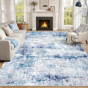 Washable Rugs 8x10 for Living Room: Soft Area Rug Modern Abstract Neutral Rugs Large Non Slip Low Pile Carpet for Bedroom Dining Room Office Playroom(Blue, 8'x10')