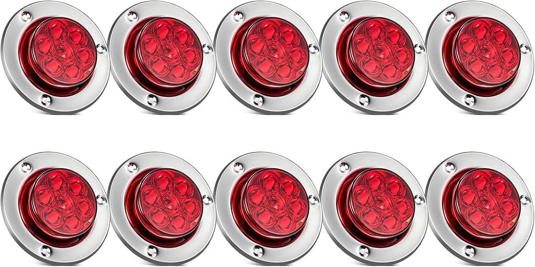 Partsam 10Pcs 2 inch Red 7LED Side Marker Clearance Light Turn Signal with Stainless Steel Bezel For Trailer Truck, High/Low Brightness