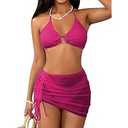 MakeMeChic Women's 3 Piece Bathing Suits Halter Ring Bikini Set with Cover Up Skirts HOT PINK medium
