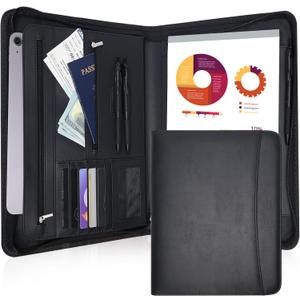 Portfolio Binder with Zipper, PU Leather Padfolio Organizer, Business Zipper Tablet Portfolio for Men and Women, Present for Mothers Day (Black)