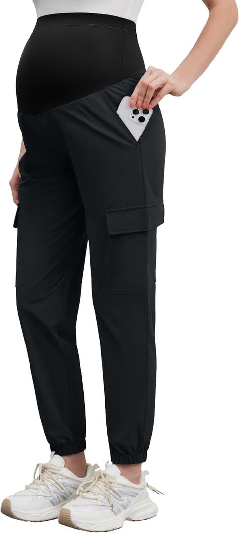 POSHGLAM Maternity Cargo Joggers Quick-Dry Lightweight Casual Lounge Hiking Active Pants (XX-Large, Black)