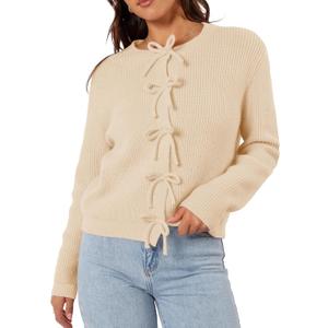 Women's Cardigan Sweaters Bow Button Down Cardigans Fall Fashion Clothes Knit Tie Open Front Coats (Beige, L)