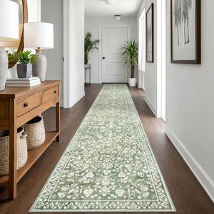 Vintage 2.6x18 Hallway Runner, Sage Green Beige Washable Non-Slip Long Hallway Carpet, Super Soft Kitchen Runner, Print Faux Wool Floral Thin Carpet for Entryway