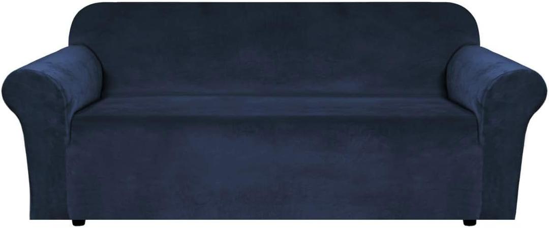 H.VERSAILTEX Stretch Velvet Sofa Covers for 3 Cushion Couch Covers Furniture Protector Soft with Non Slip Elastic Bottom, Crafted from Thick Comfy Rich Velour (Large Sofa 90"-97", Navy)