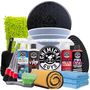 Chemical Guys Car Detailing Kit, Car Cleaning Kit with Total Interior Cleaner & Protectant, Sprayable Wheel Cleaner, Car Wash Soap, Bucket, Brushes, and Detailing Accessories - 17 Piece Wash Kit, 3.76 Fl Oz