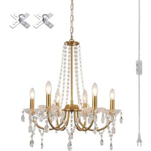 MEIJIA Plug in Crystal Gold Chandeliers Lighting Fixture 6 Light Modern Crystal Chandelier with 15.75feets Plug in Cord Gold Mini Plug in Chandelier for Dining Room Bedroom Entryway Bathroom Closet