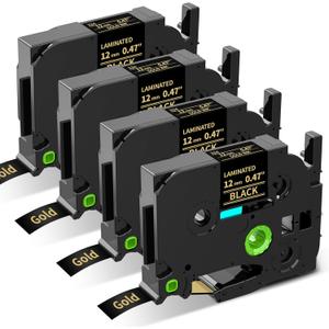 Replacement for Brother P Touch Label Tape Gold on Black TZe-334 TZe334 TZe TZ Tape 12mm 0.47 Laminated, Compatible with PT-D210 PT-D220 PT-H110 PT-D400 PT-D410 PT-D600, 1/2 in x 26.2 ft, 4-Pack