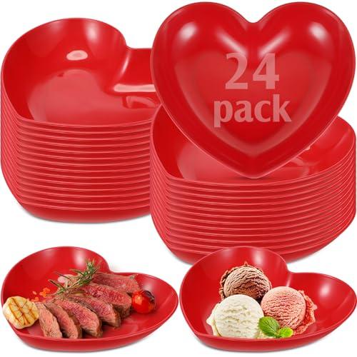 Domensi 24 Pcs Valentines Heart Shaped Bowls 8.66 Inch Heart Shaped Wheat Straw Plates Bulk Unbreakable for Dinner Appetizer Sauce Dish Dipping Snack Sushi Salad Fruit Dessert Steak Serving(Red)