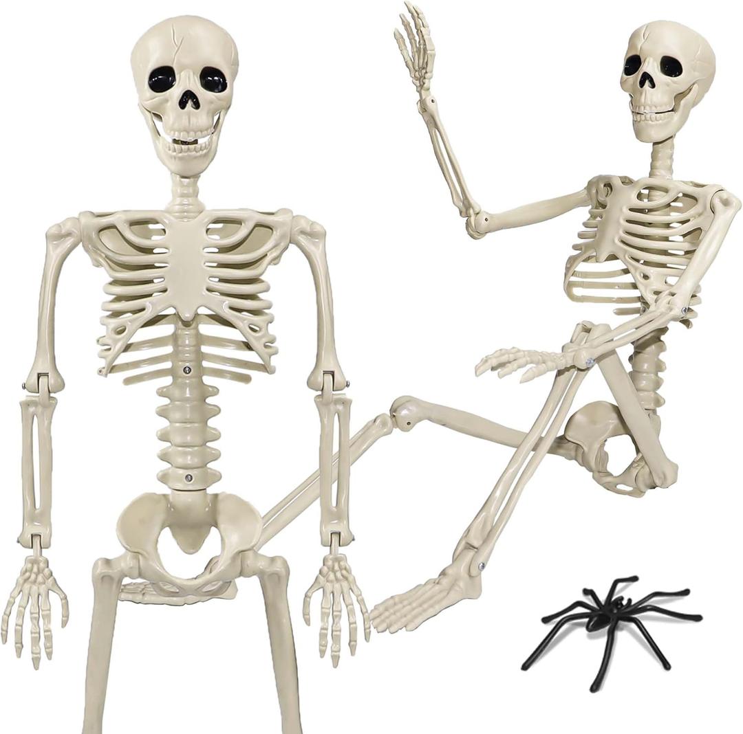 36" Skeleton Halloween Decorations, 3ft Life Size Human Skeleton with Full Body Movable Posable Joints Skeleton, Halloween Skeletons with 20 Spiders for Yard Haunted House Props Indoor Outdoor Decor (1 PCS)