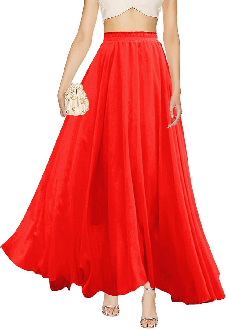 v28 Women Full/Ankle Length Elastic Pleated Retro Maxi Chiffon Long Skirt (Red, L)