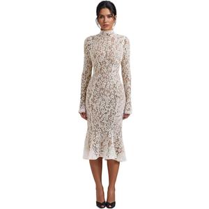 Women Vintage Mock Neck Floral Lace Long Sleeves Midi Dress with Back Zipper Elegant Flowy Bodycon Dresses XS