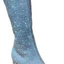 ABSOLEX Women Pointed Toe Rhinestone Block Medium Heel Knee High Boots (10, Blue Denim)